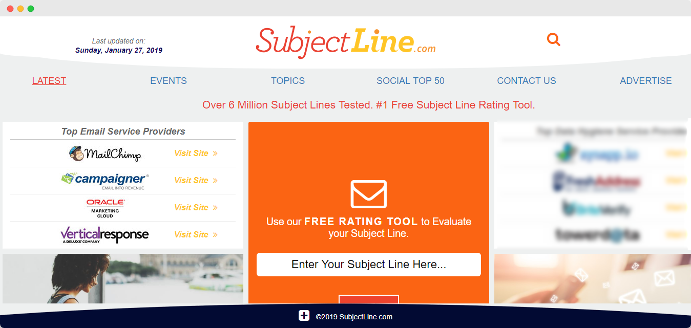 Puntuación de SubjectLine.com sobre 100 para el asunto de un correo electrónico.