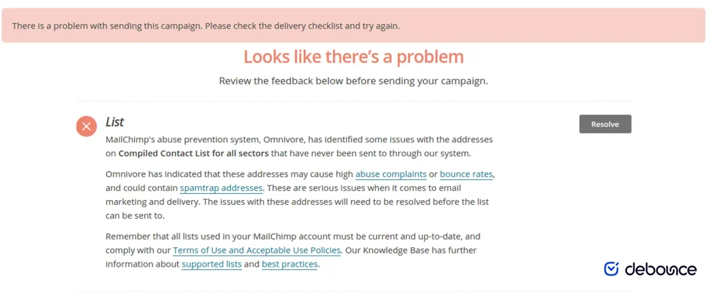Mailchimp Omnivore alert example in the account dashboard