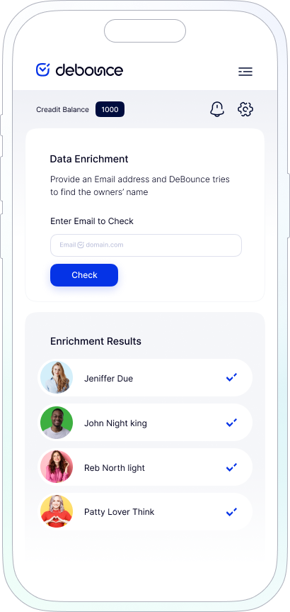 Phone mockup showing DeBounce data enrichment results with verified contact names